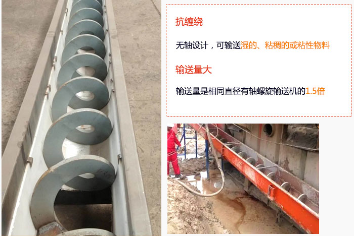 WLS無軸螺旋輸送機輸送量大是相同直徑有軸螺旋輸送機的1.5倍，抗纏繞性好，無軸設(shè)計，可輸送濕的、粘稠的或粘性物料。